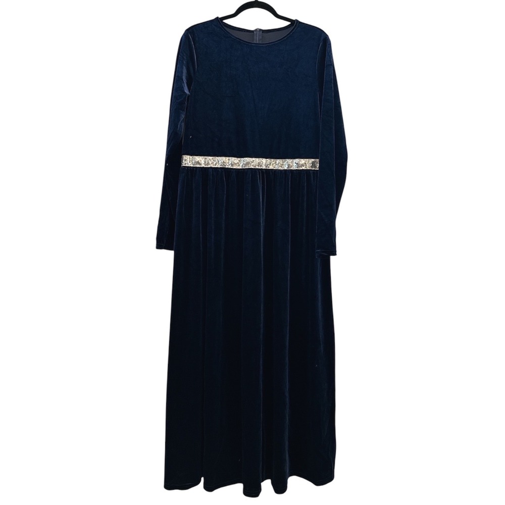 Navy Velvet Maxi Dress Silver Sequin Waist Evening Gown Holiday Plus 2XL NWOT